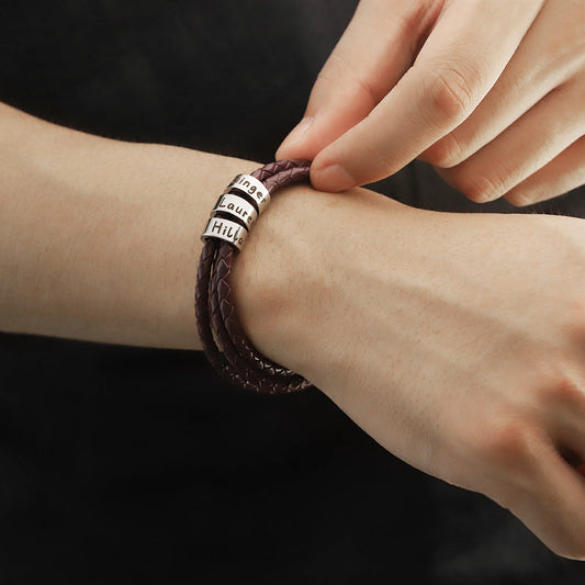 Christmas Gift! Men Braided Leather Bracelet with Small Custom Beads